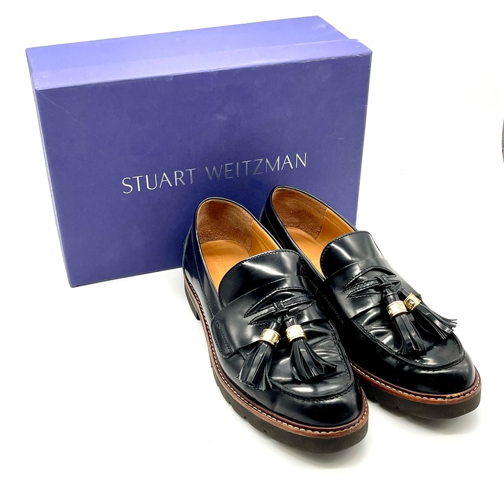 Stuart Weitzman Manila Tassel Oxfords Loafer Women’s 8 Black Patent Jet Mirror